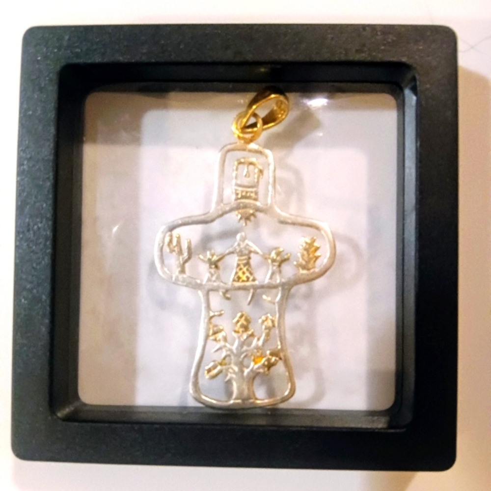Vintage Sterling Silver Tree Of Life Cross Pendant Silver & YGP Lg 2.25" 4gm